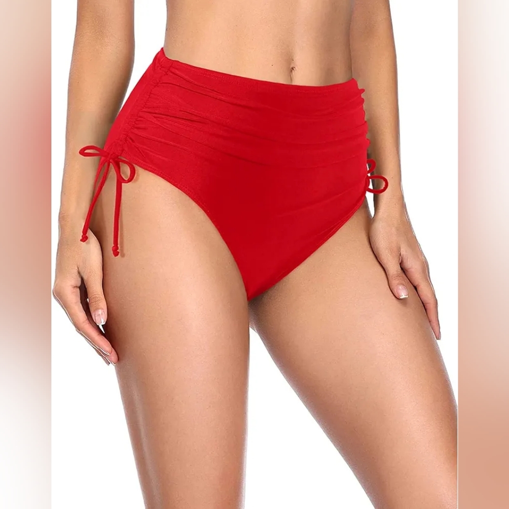 Holipick Red Side Rouche Tie High Waist Bikiny Swim Bottom- XL - NWT